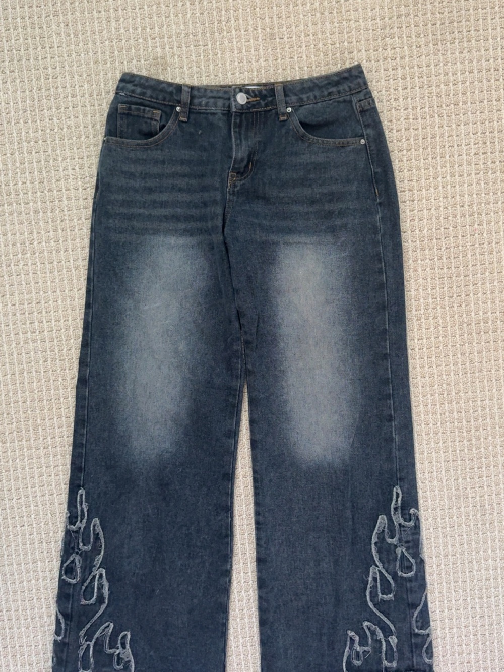 Angel Kiss Dark Blue Wide-Leg Jeans with Flame Hem